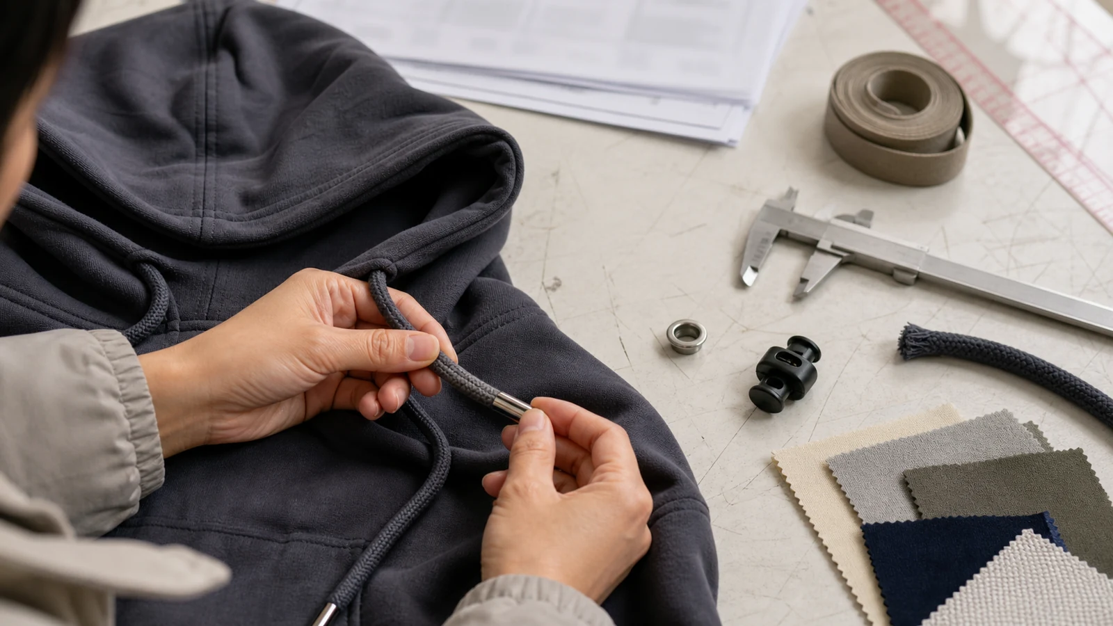 Hoodie drawstring hardware and cord end samples reviewed during product development