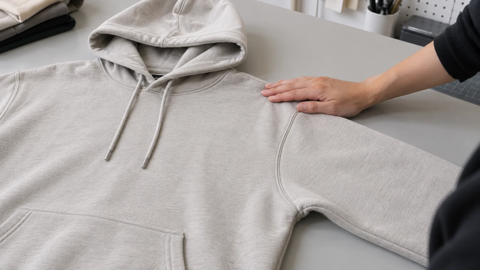 Hoodie Anatomy: 18 Parts That Define Fit, Construction, and Function Hoodie shoulder sleeve and armhole construction viewed during garment inspection