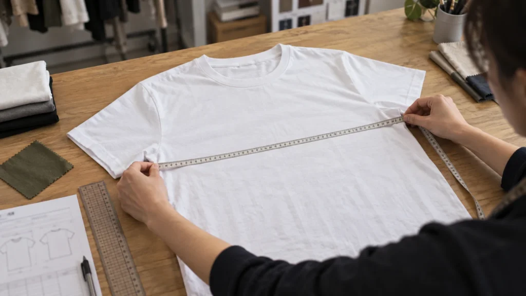 T-shirt garment measurements reviewed with a measuring tape and size specification