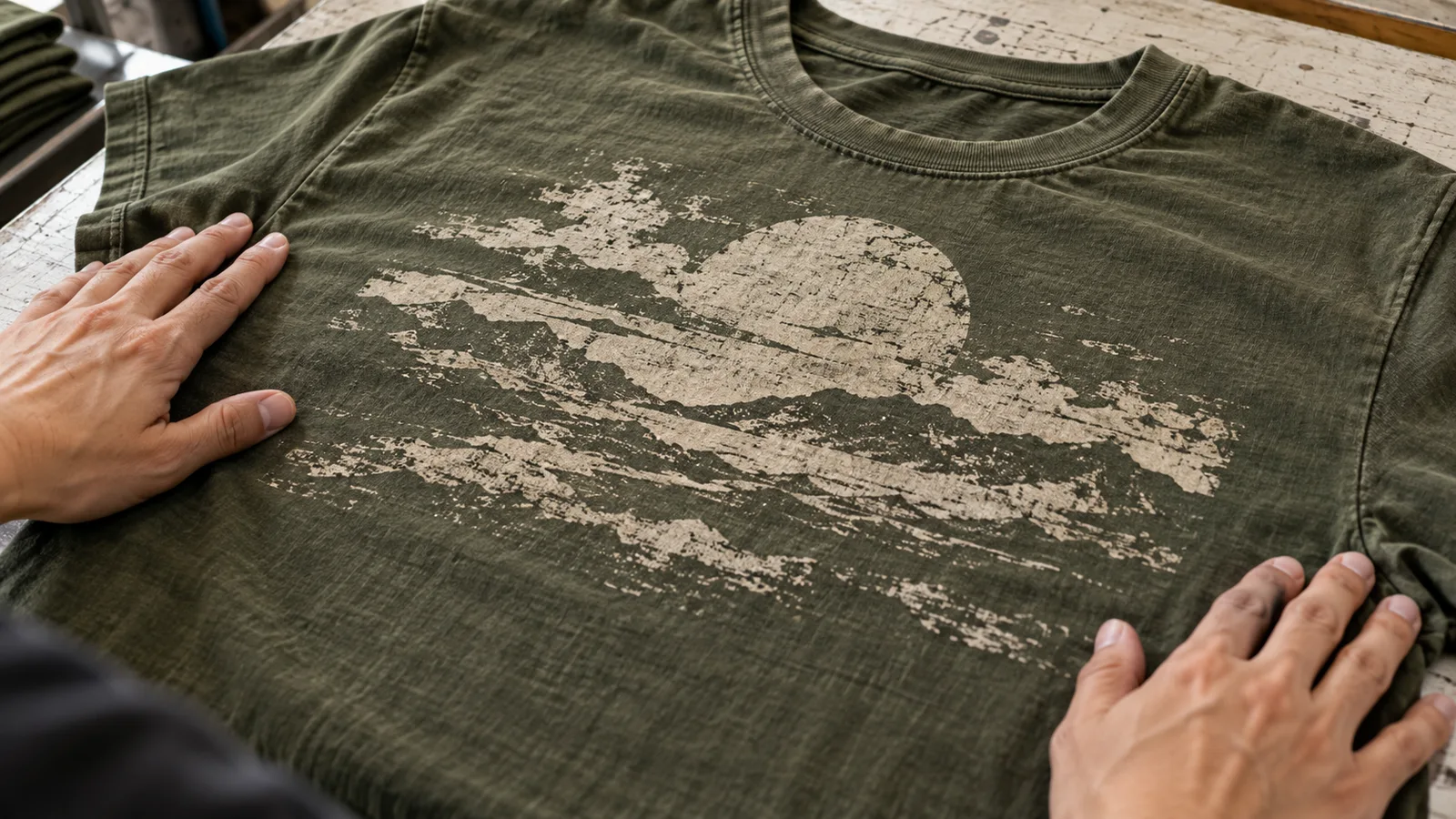Vintage T-shirt print showing controlled distressed texture and reduced ink coverage