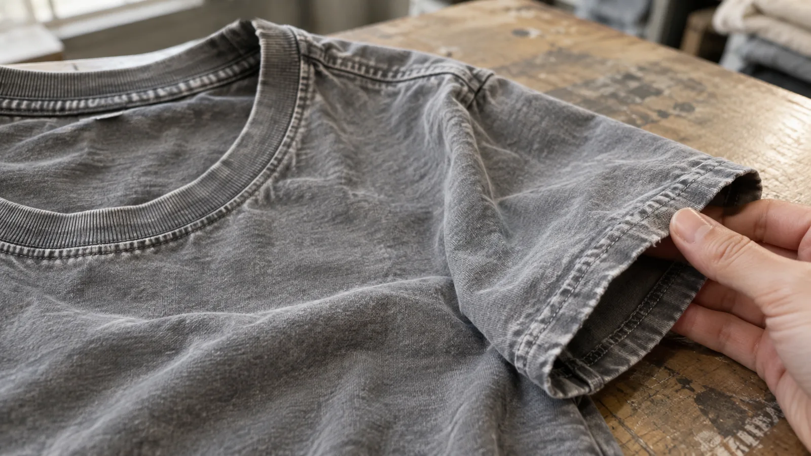 Subtle controlled distressing on a vintage T-shirt collar and garment edge