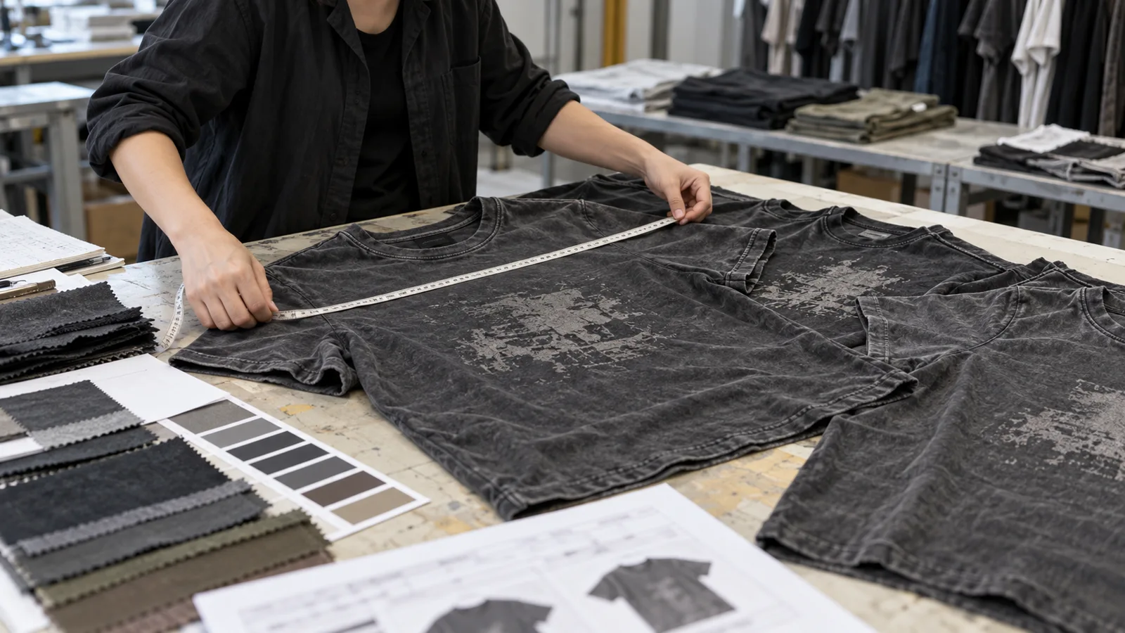 Vintage T-shirt samples reviewed for wash shade, print appearance, measurements, and production approval