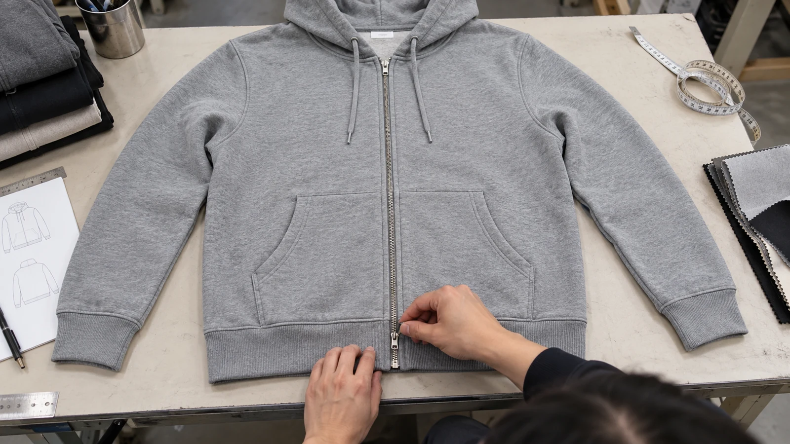 Hoodie Anatomy: 18 Parts That Define Fit, Construction, and Function Zip-up hoodie showing zipper alignment front pocket and seam construction