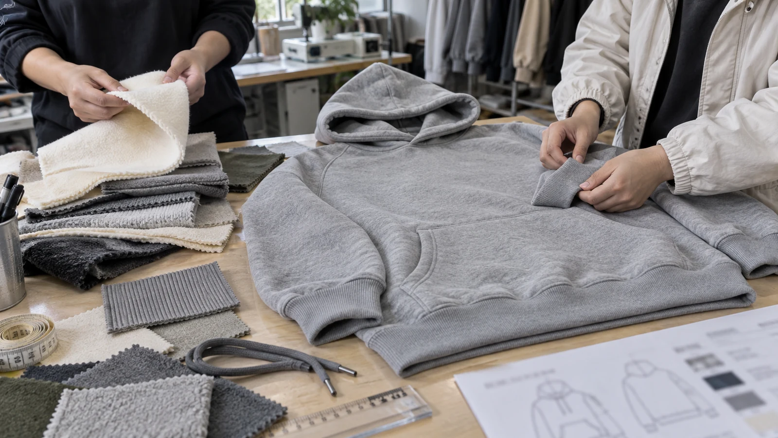 2-End vs 3-End Fleece: How Yarn Construction Changes a Hoodie Hoodie fleece swatches and garment sample reviewed before bulk production approval
