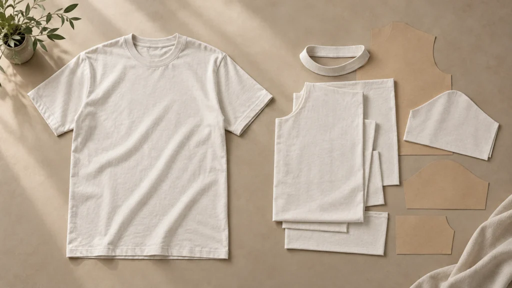 AI-generated concept image comparing a blank T-shirt with fabric and pattern pieces for custom cut-and-sew production.