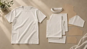 AI-generated concept image comparing a blank T-shirt with fabric and pattern pieces for custom cut-and-sew production.