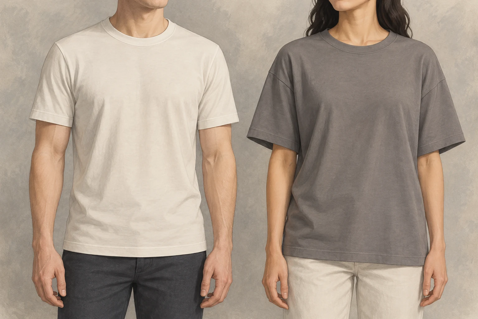 Two people wear cream and charcoal T-shirts, showing different shoulder seams, sleeve shapes and drape.