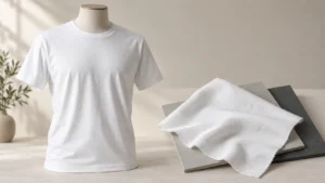 White crew-neck T-shirt on a mannequin beside a draped white fabric swatch and sample boards.
