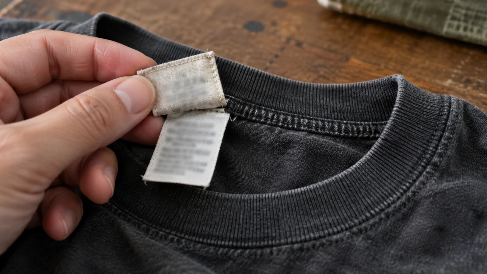 What Makes a T-Shirt Vintage? Age, Tags, Fabric, Print, and Wear Explained Old T-shirt label inspected as one clue when estimating a garment’s era